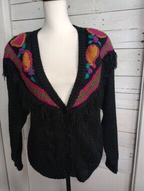 Vintage Spice of Life Black Floral Pattern Cardigan Sweater 1980s-90s Medium